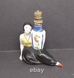 Art Deco Figural Crown Top Scent Bottle Deco Lady holding vase with birds