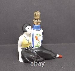 Art Deco Figural Crown Top Scent Bottle Deco Lady holding vase with birds