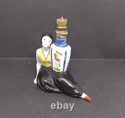 Art Deco Figural Crown Top Scent Bottle Deco Lady holding vase with birds