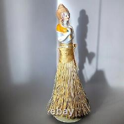 Art Deco Flapper Porcelain Half Doll Broom Clothes Brush Vanity Box Antique