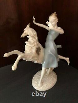 Art Deco German Porcelain Girl Running With Borzoi Dog By Hutschenreuther Selb