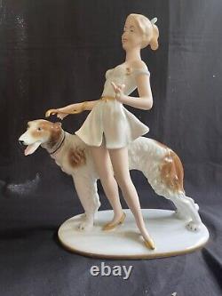 Art Deco Gerold Porzellan Bavaria Lady With BORZOI DOG 1930's Figurine