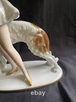 Art Deco Gerold Porzellan Bavaria Lady With BORZOI DOG 1930's Figurine