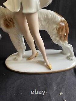 Art Deco Gerold Porzellan Bavaria Lady With BORZOI DOG 1930's Figurine