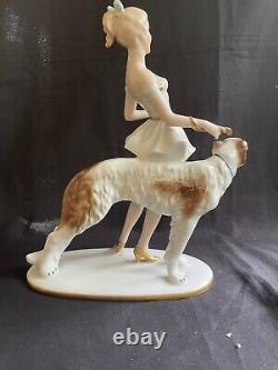 Art Deco Gerold Porzellan Bavaria Lady With BORZOI DOG 1930's Figurine