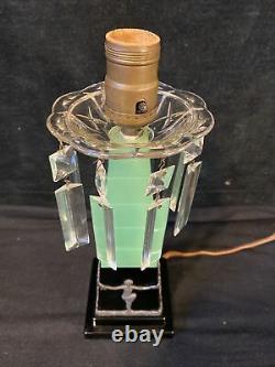 Art Deco Green Glass Jadeite Table Lamp Skyscraper Crystals Chateau Glasscraft