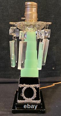 Art Deco Green Glass Jadeite Table Lamp Skyscraper Crystals Chateau Glasscraft