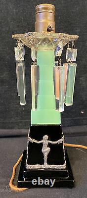 Art Deco Green Glass Jadeite Table Lamp Skyscraper Crystals Chateau Glasscraft