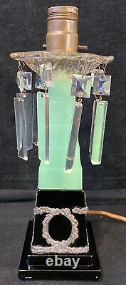 Art Deco Green Glass Jadeite Table Lamp Skyscraper Crystals Chateau Glasscraft