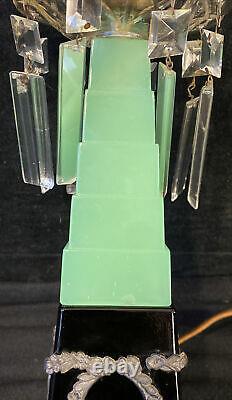 Art Deco Green Glass Jadeite Table Lamp Skyscraper Crystals Chateau Glasscraft