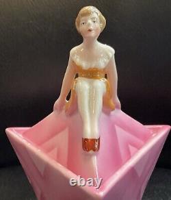 Art Deco Half Doll Covered Dresser Jar Powder Box Bavaria Pink Lady