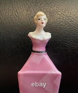 Art Deco Half Doll Perfume Bottle Porcelain Bavaria Pink Lady Long Glass Dauber