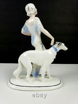 Art Deco Hertwig Katzhutte Germany Porcelain Lady Walking Borzoi Dog Figurine