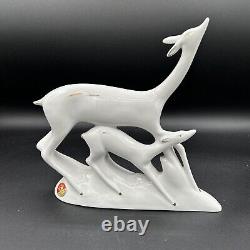 Art Deco Italian Ceramic Deer with Fawn Sculpture White and Gold, Firenze
