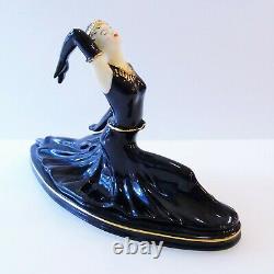 Art Deco LADY DANCER FIGURINE Black Porcelain 24K Gold Accent Ballet Pose Splits