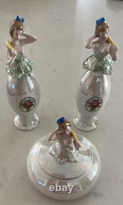 Art Deco Ladies Dresser Bavarian Porcelain Vanity Set 2 Perfumes + Powder Jar