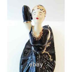 Art Deco Lady Dancer Figurine Black Porcelain 24K Gold Accent Split Ballet Pose