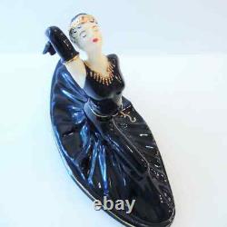 Art Deco Lady Dancer Figurine Black Porcelain 24K Gold Accent Split Ballet Pose