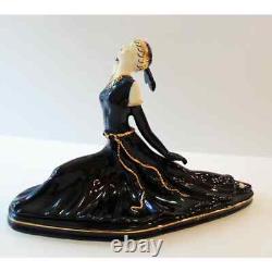 Art Deco Lady Dancer Figurine Black Porcelain 24K Gold Accent Split Ballet Pose