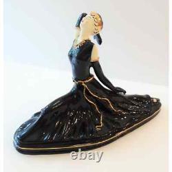 Art Deco Lady Dancer Figurine Black Porcelain 24K Gold Accent Split Ballet Pose
