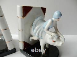 Art Deco Lady on Flying Pig Porcelain Ceramic Library Book Ends