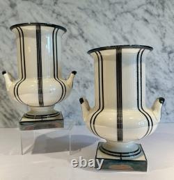 Art Deco Lenox Silver Overlay Stripe Pair Urns Vases 8 c 1930's