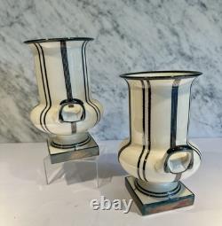 Art Deco Lenox Silver Overlay Stripe Pair Urns Vases 8 c 1930's