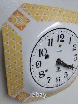 Art Deco Miller 8-Day Porcelain Yellow Octagon Wall Clock Plate 9 Includes Key