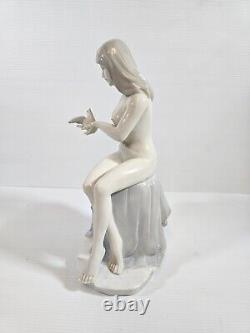 Art Deco Nude Beauty Porcelain Figure Holding Dove Artist Signed Rare Vintage