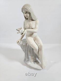 Art Deco Nude Beauty Porcelain Figure Holding Dove Artist Signed Rare Vintage