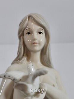 Art Deco Nude Beauty Porcelain Figure Holding Dove Artist Signed Rare Vintage