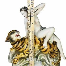 Art Deco Nude Reclining Lady On Tiger Porcelain Figurine Statue Portugal Goddess