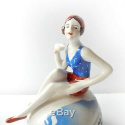 Art Deco Porcelain Ceramic Flapper Girl on Beach Ball Tinket Florida Beach