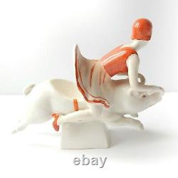 Art Deco Porcelain Ceramic Lady Riding Pig Trinket Bowl Figurine Ornament