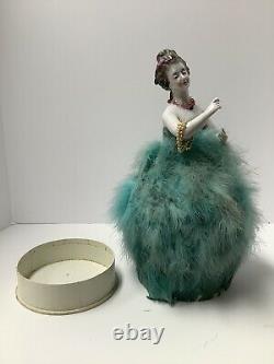 Art Deco Porcelain Doll Candy Box. Antique Germany. Ostrich Feathers