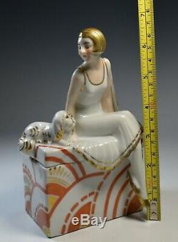 Art Deco Porcelain Figural Powder Box Perfume Vanity Woman & Dog Sculpture Mint