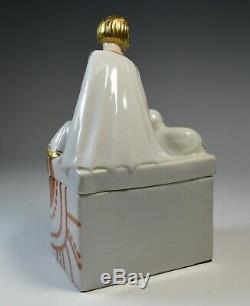 Art Deco Porcelain Figural Powder Box Perfume Vanity Woman & Dog Sculpture Mint