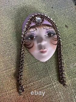 Art Deco Porcelain Flapper Girl Brooch Rhinestone Pin Artist purple jewelry