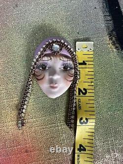 Art Deco Porcelain Flapper Girl Brooch Rhinestone Pin Artist purple jewelry