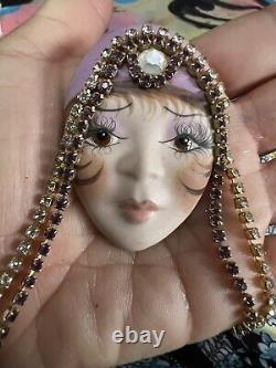 Art Deco Porcelain Flapper Girl Brooch Rhinestone Pin Artist purple jewelry