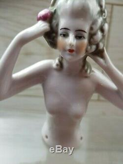 Art Deco Porcelain French Natural Nude Detailed Large Half Doll Pin Cushion