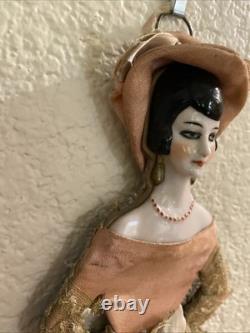 Art Deco Porcelain Half Doll Flapper Girl German Flat Back Hanging Vintage