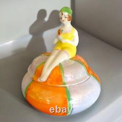 Art Deco Powder Jar Flapper Bathing Beauty Porcelain Opalescent Trinket Box