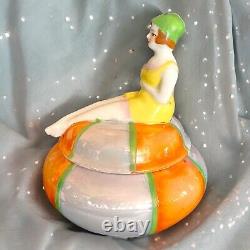 Art Deco Powder Jar Flapper Bathing Beauty Porcelain Opalescent Trinket Box