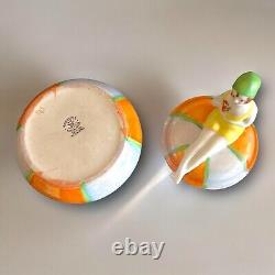 Art Deco Powder Jar Flapper Bathing Beauty Porcelain Opalescent Trinket Box