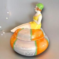 Art Deco Powder Jar Flapper Bathing Beauty Porcelain Opalescent Trinket Box