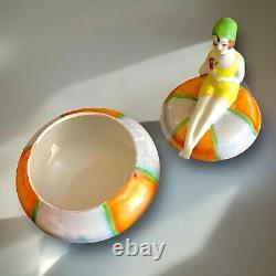 Art Deco Powder Jar Flapper Bathing Beauty Porcelain Opalescent Trinket Box