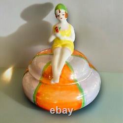 Art Deco Powder Jar Flapper Bathing Beauty Porcelain Opalescent Trinket Box