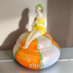 Art Deco Powder Jar Flapper Bathing Beauty Porcelain Opalescent Trinket Box