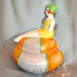 Art Deco Powder Jar Flapper Bathing Beauty Porcelain Opalescent Trinket Box